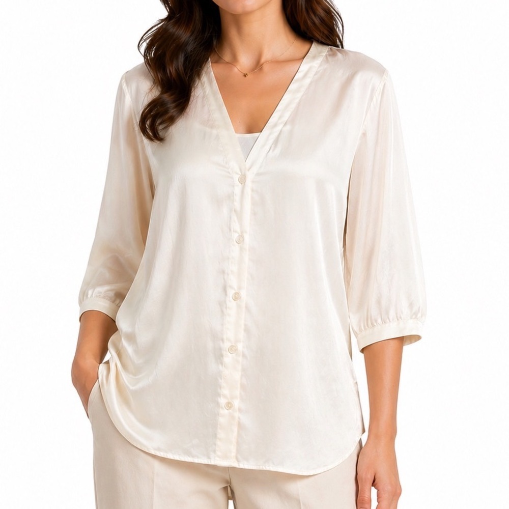 Diana D'Or Ivory 100% Silk Button Tunic Blouse Neutral Old Money Luxury 90s